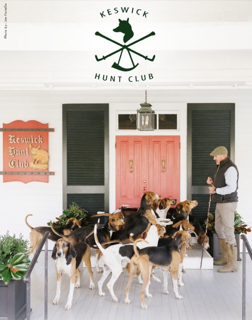 Hounds gathered on the porch of Keswick Hunt Club